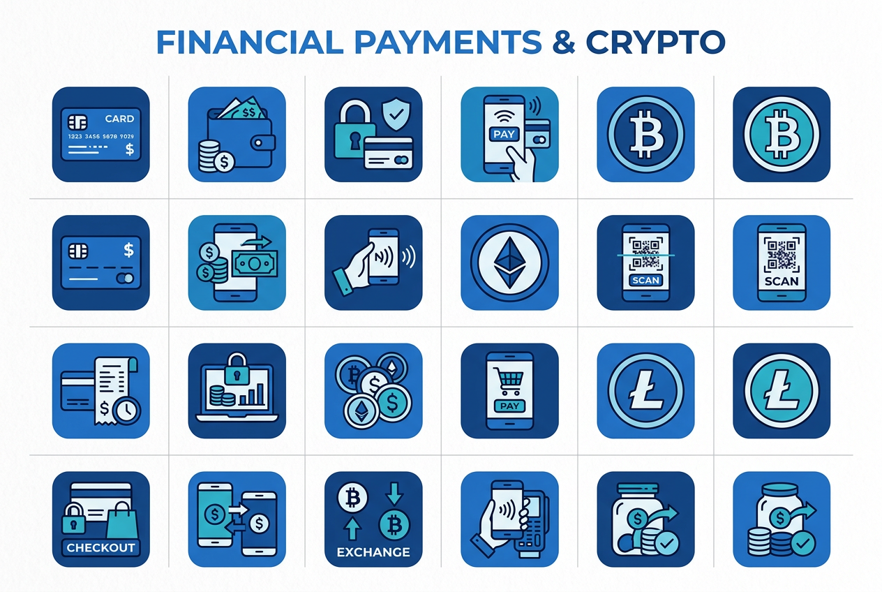 Ikony metod płatności takich jak karty, e-portfele i kryptowaluty w stylu flat design
