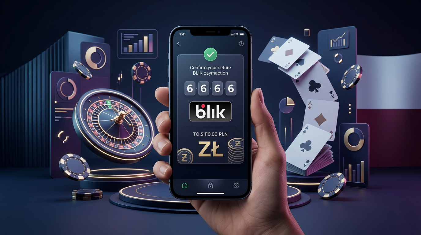 Smartfon z aplikacją BLIK na tle elementów kasyna online i symboli PLN.