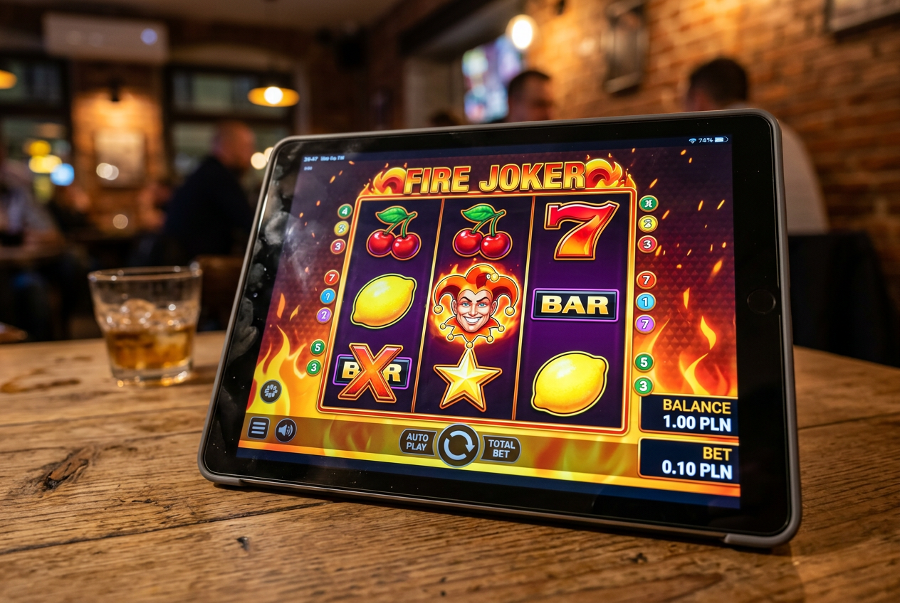Widok automatu Fire Joker na tablecie z balansem 1 PLN